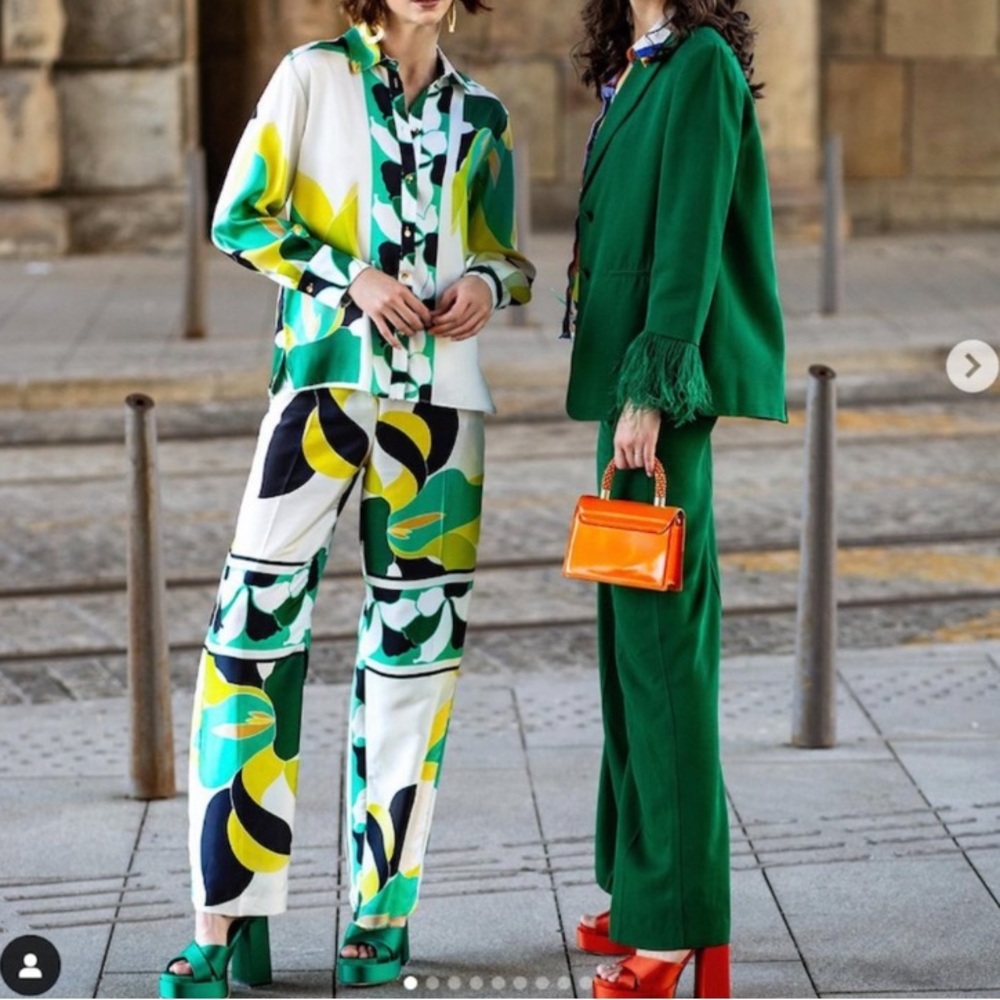 ZARA SET Green White Black Scarf Print Satin Shirt & Pants